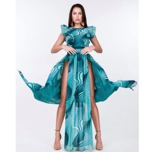 CQbyCQ Teal Maxi Dress with Ruffles Sleeveless Size Large Statement Dress